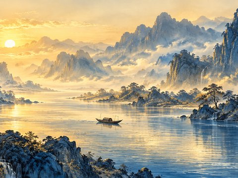 青蓝江面上的远舟与晨光，黄豆选片栏目配图